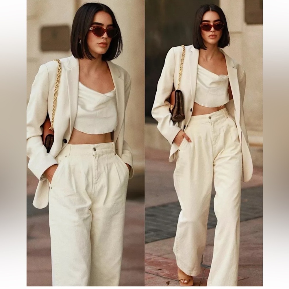 ZARA The Worker Palazzo Wide Leg high rise jeans off white size 4 NWT
